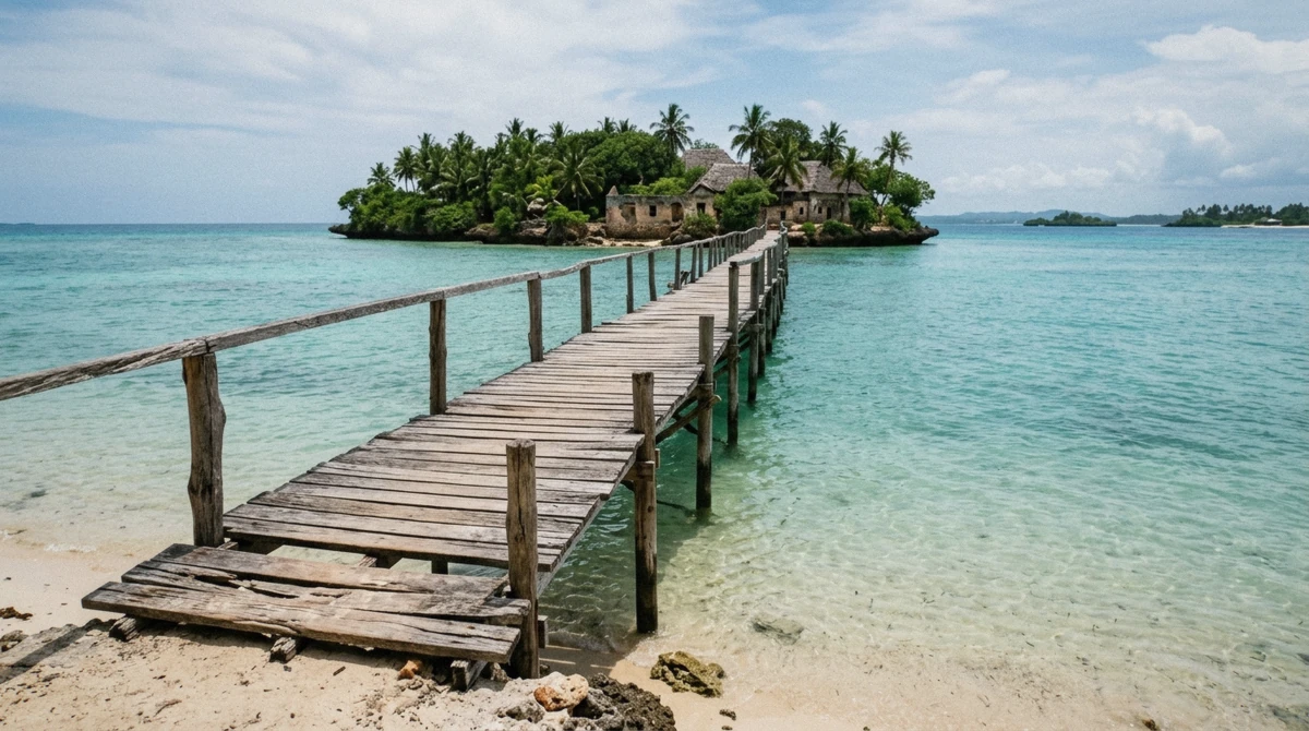 Wooden jetty running out over turquoise water at Prison Island Changuu, a snorkeling stop near Stone Town Zanzibar
