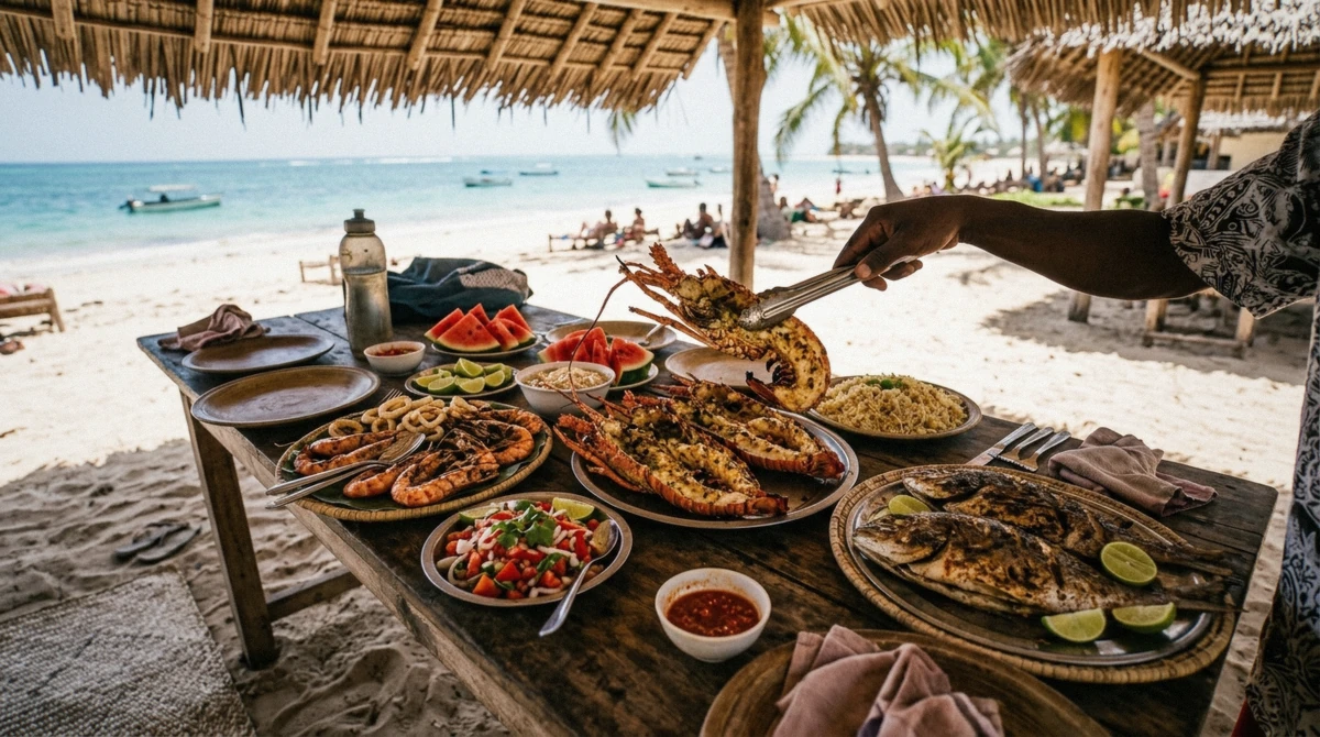 Swahili seafood barbecue with grilled lobster and calamari served on Kwale Island during the Safari Blue day trip in Zanzibar