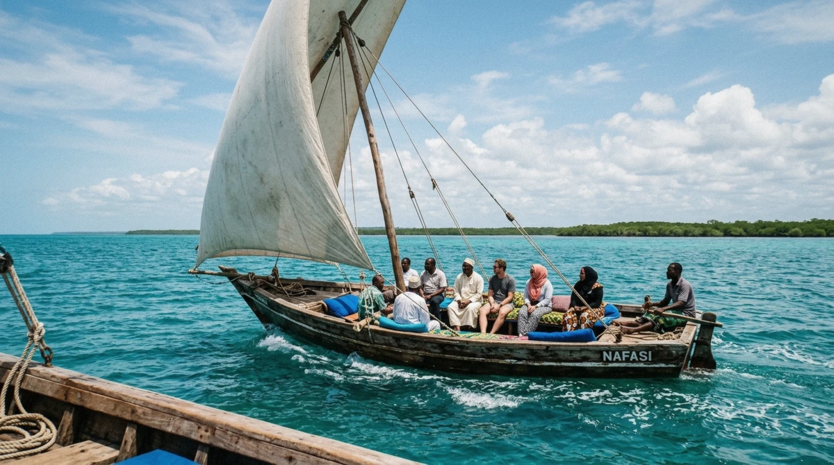 Traditional dhow with a lateen sail anchored off a sandbank in Menai Bay on the Safari Blue trip in Zanzibar
