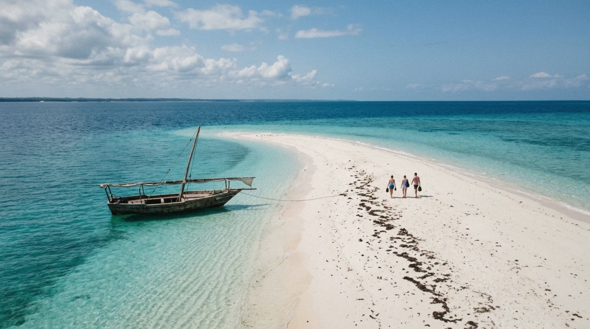 Traditional dhow anchored beside a white sandbank in Menai Bay during a full-day snorkeling tour in Zanzibar