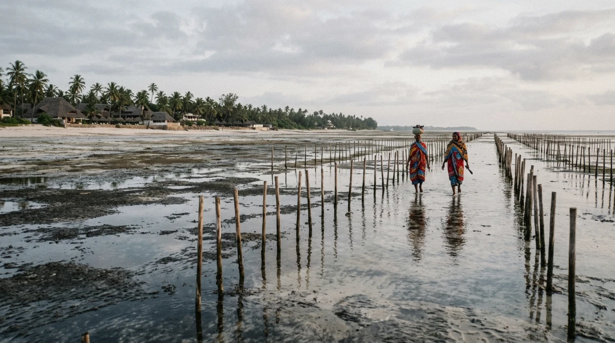 Exposed tidal flats and seaweed farming poles on the east coast at low tide, showing why snorkeling in Zanzibar depends on the tide