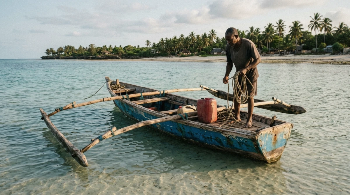 Wooden boat moored in clear shallow water off Tumbatu Island on a snorkeling tour in Zanzibar